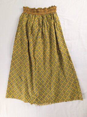VTG Yellow Black Geometric Floral Stretch Waist Maxi Skirt 70s Boho Smocked